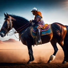 Traditional Rider on Dark Horse in Desert Landscape