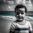 Curly-Haired Child Smiling on Beach in Black and White