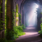 Sunlit Overgrown Corridor in Abandoned Building with Light Rays and Dense Foliage