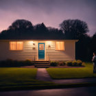 Man standing outside warmly-lit house at dusk with glowing blue door and tranquil garden.