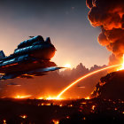 Spacecraft flying over erupting volcano landscape at dusk