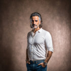 Gray-Haired Man in White Shirt and Jeans on Neutral Background