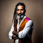 Confident man with long dreadlocks and full beard in white shirt and vest against brown backdrop