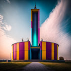 Colorful modern church with tall tower in dramatic sky and sunlit clouds.