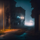 Misty nighttime street scene with illuminated lampposts and dark buildings