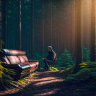 Man sitting on sofa in sunlit forest surrounded by tall trees