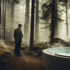 Man in Suit Beside Steaming Bathtub in Misty Forest