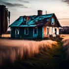 Weathered blue house in tall grass with pathway under moody sky