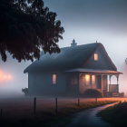 House in thick fog at twilight with glowing windows and street lamps