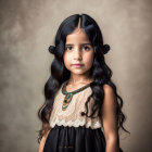 Young Girl with Dark Hair and Black Bows in White and Navy Dress on Neutral Background