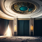 Decaying room with circular ceiling painting and shafts of light