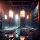 Abandoned factory with pipes, vents, and light beams