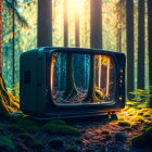 Vintage television set in forest with sunlight and moss, screen showing woods