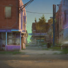 Deserted urban street at sunset with dilapidated buildings and abandoned purple car