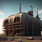 Industrial facility with smokestacks, rusted structures, and heavy machinery