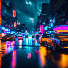 Rainy city street at night with vibrant neon lights reflecting on wet pavement.