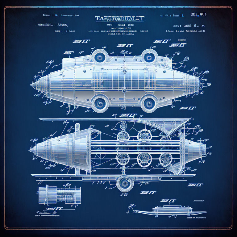 Detailed Retro-Futuristic Dirigible Blueprint on Blue Background