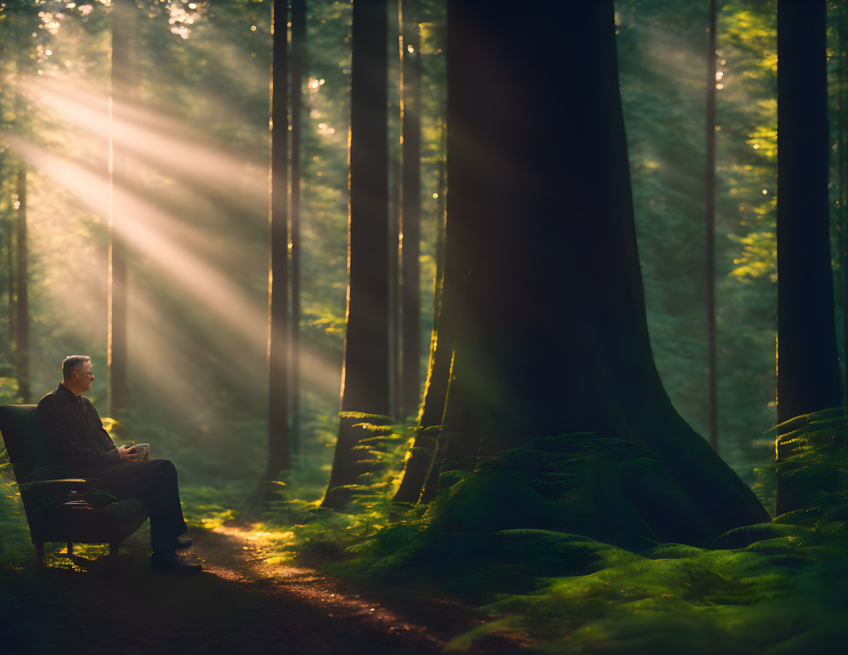 Person sitting on bench in lush forest under warm sunbeams