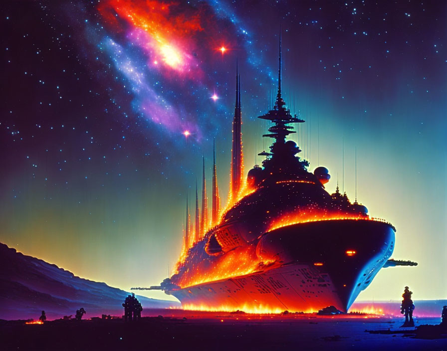 Person in Sci-Fi Landscape with Colossal Spaceship and Colorful Nebula