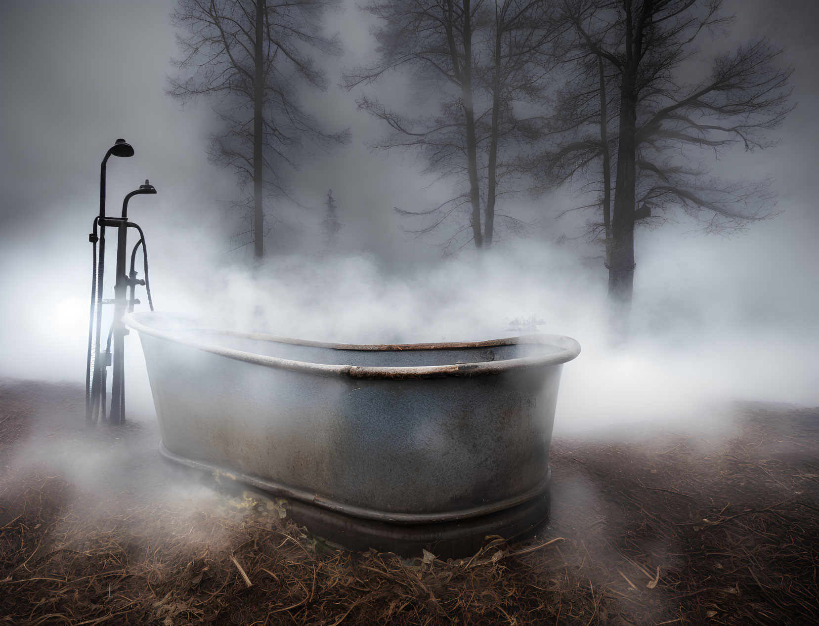 Metallic Bathtub in Misty Forest with Vintage Shower Stand