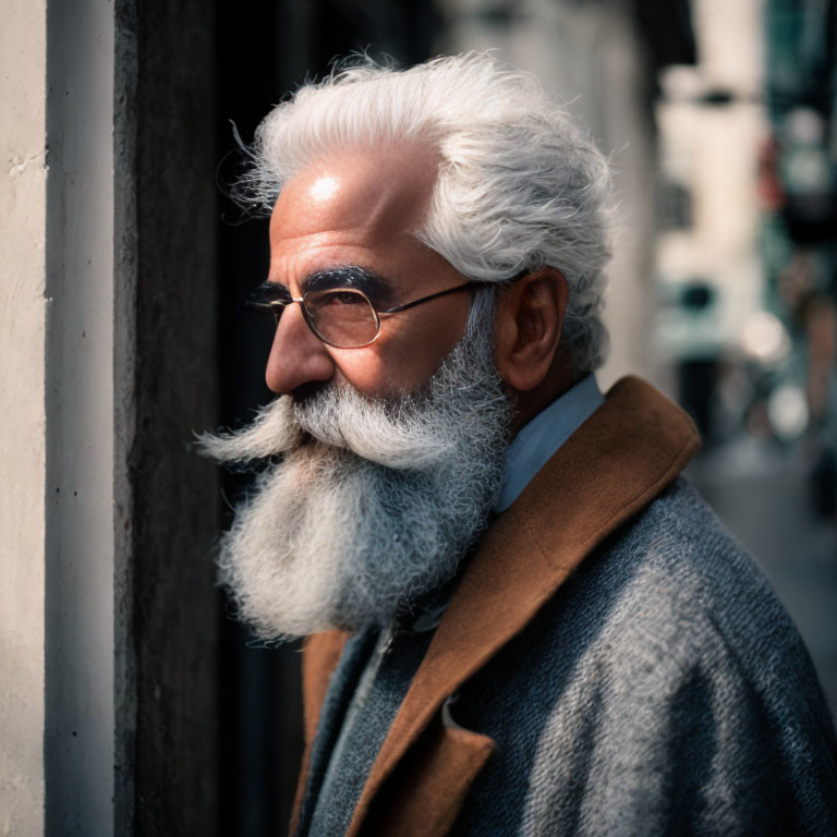 Elderly man with white beard and glasses in winter coat on city street