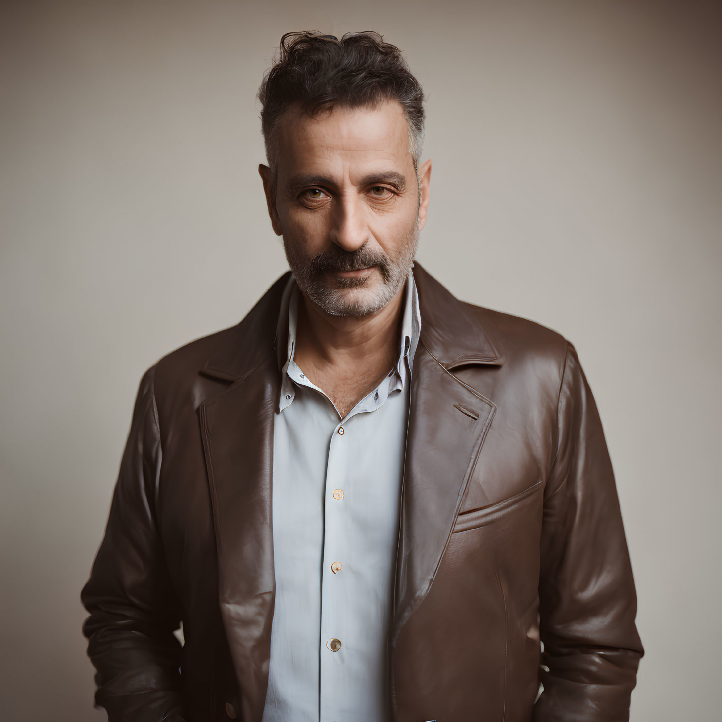 Middle-aged man in brown leather jacket and stubble with serious expression on beige background