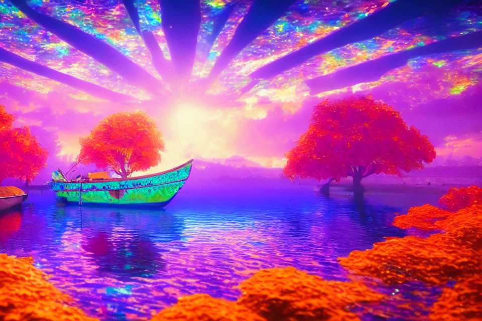 Colorful boat on tranquil lilac water under purple-pink skies