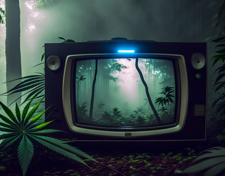 Vintage Television Set Showing Forest Scene with Cannabis Leaf