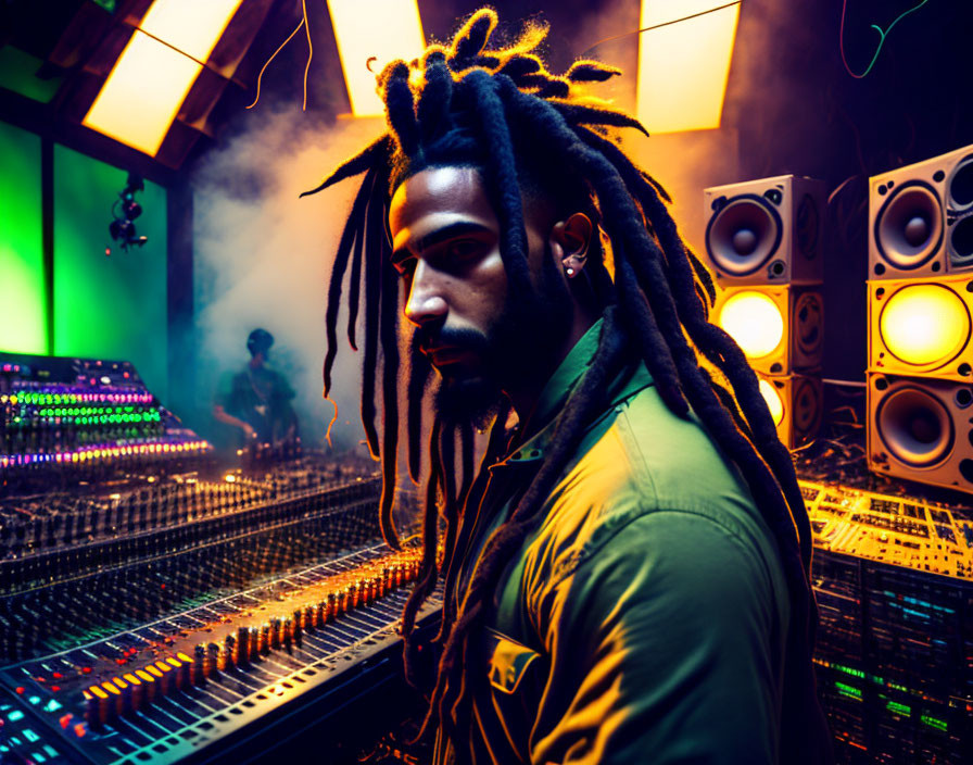 Man with dreadlocks at music mixing board in studio with colorful lighting and smoke and speakers