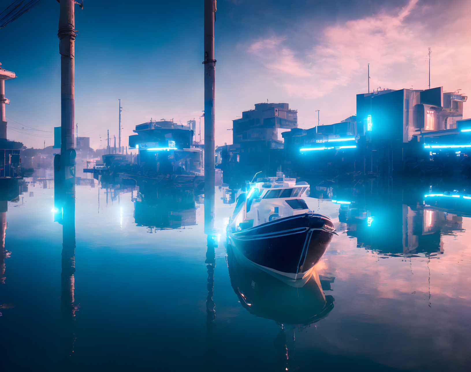 Tranquil blue boat on calm water with glowing sky