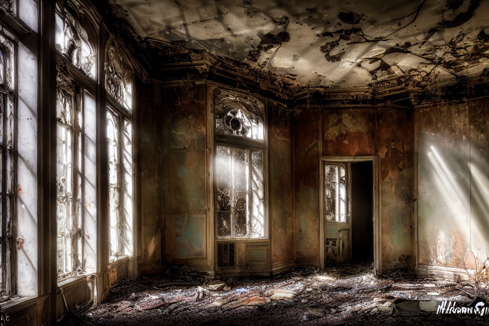 Ornate room with decaying interior, peeling walls, sunlight through arched windows, scattered