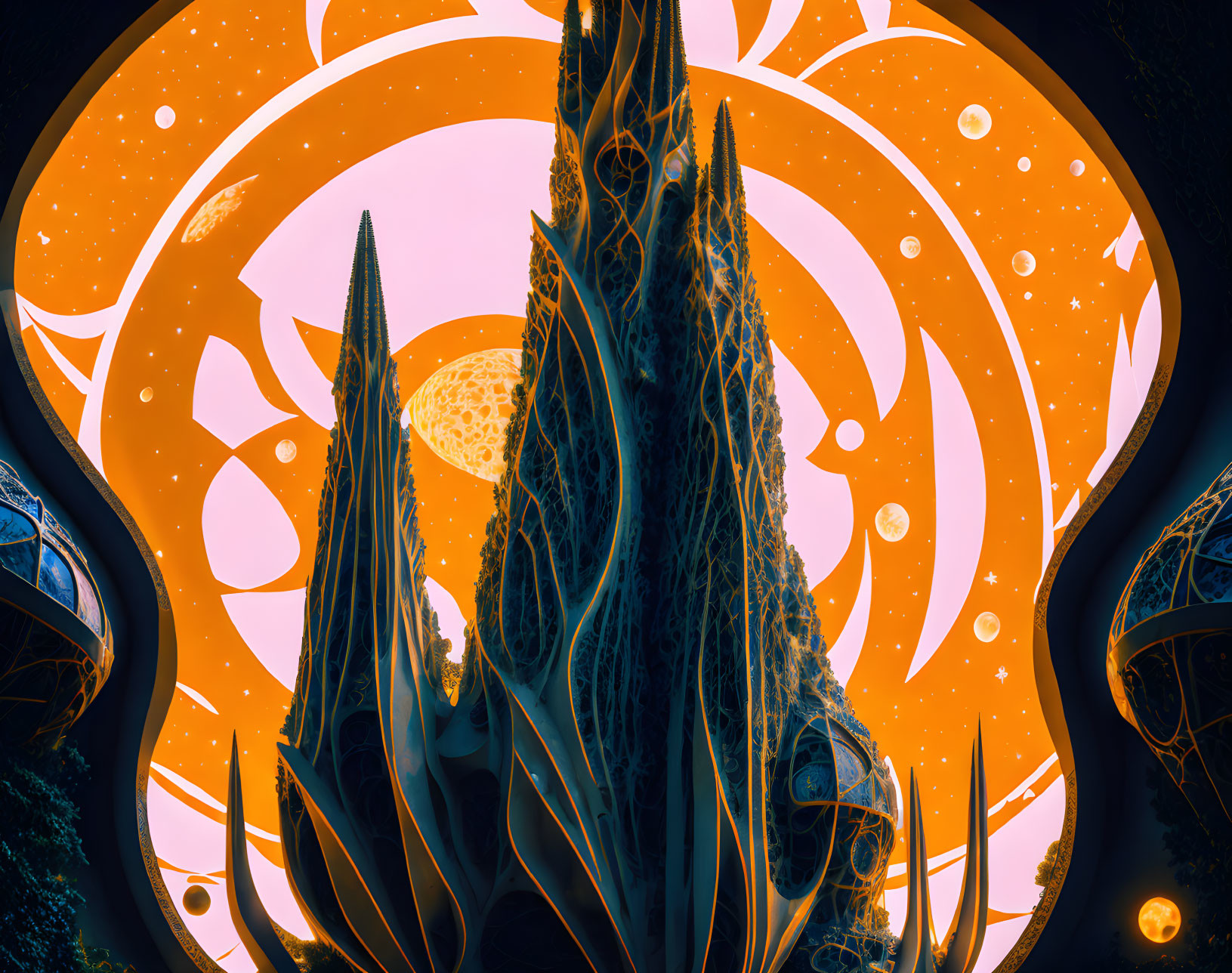 Surreal fractal landscape with spire-like structures and swirling orange patterns