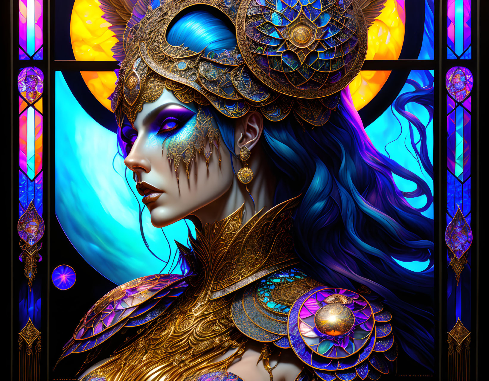 Digital artwork of woman in golden headgear and armor against stained glass window and blue moon