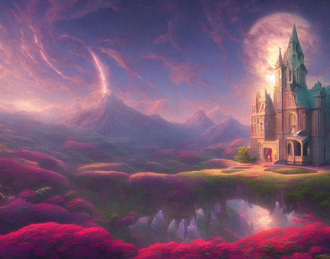 Majestic castle in fantastical landscape with pink trees, waterfalls, and mountains