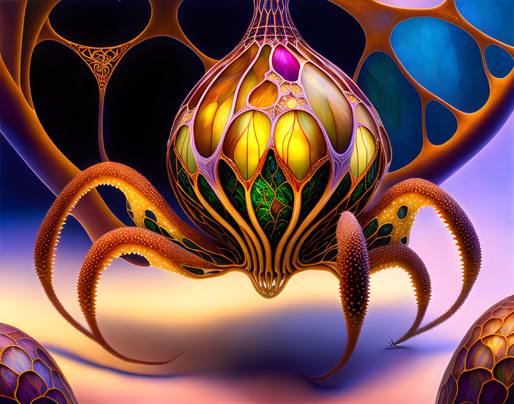 Colorful octopus with ornate tentacles on fractal structure in digital artwork