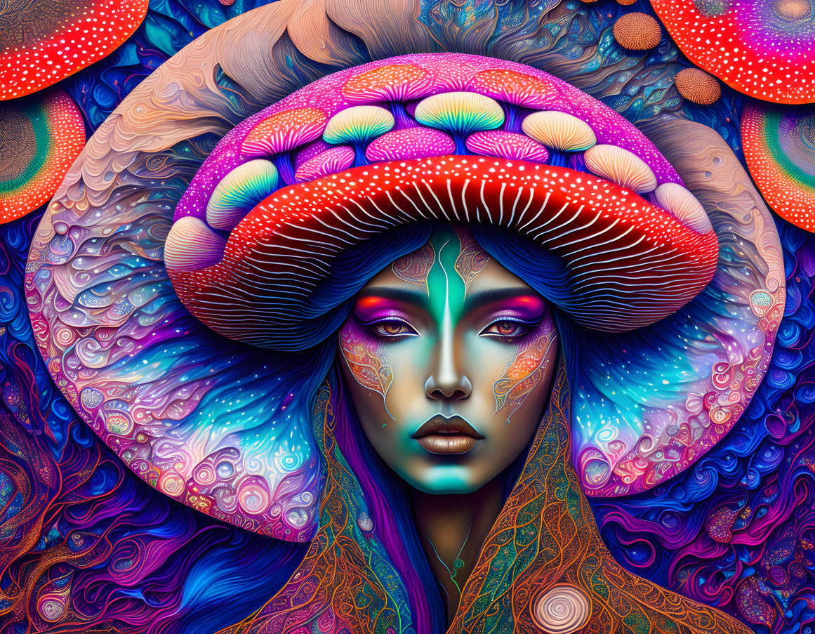 Colorful artwork: Woman's face with stylized makeup, surrounded by psychedelic mushrooms and fractal patterns