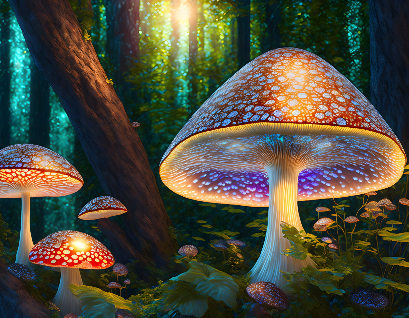 Vibrant digital art of oversized luminous mushrooms in enchanting forest