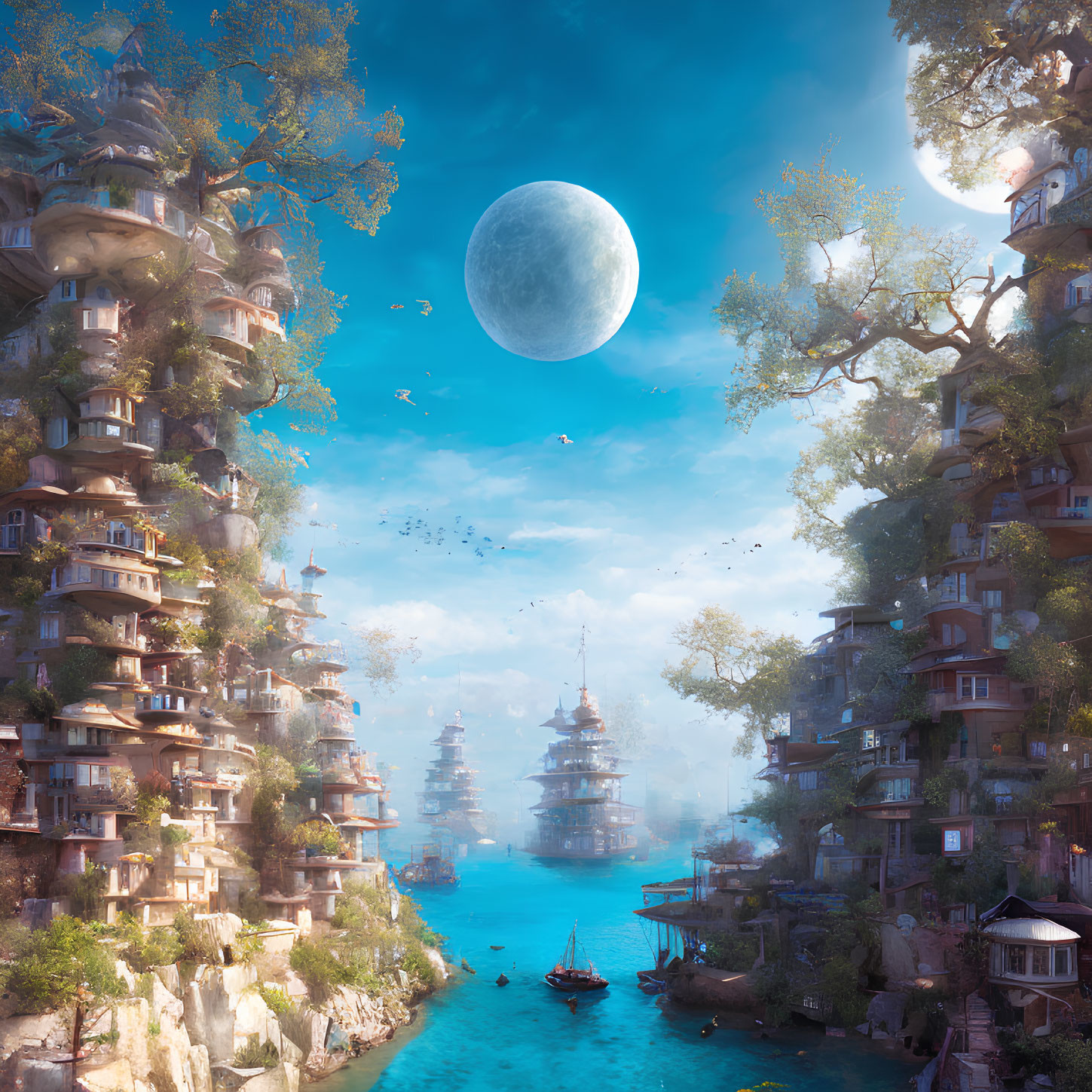 Fantastical landscape with towering tree-like structures and serene river under a large moon