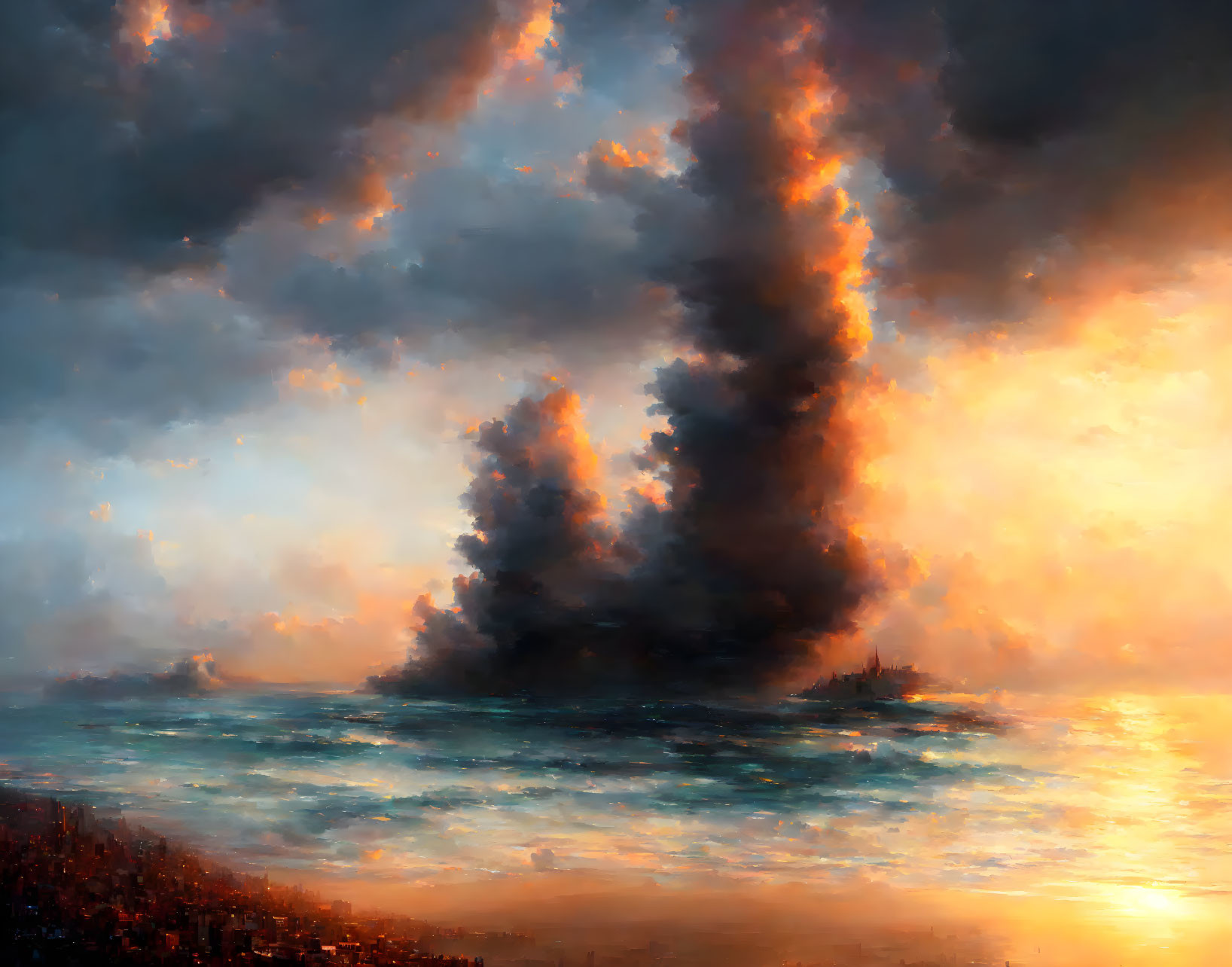 Dramatic oil painting of tumultuous sea with burning ship and fiery sky