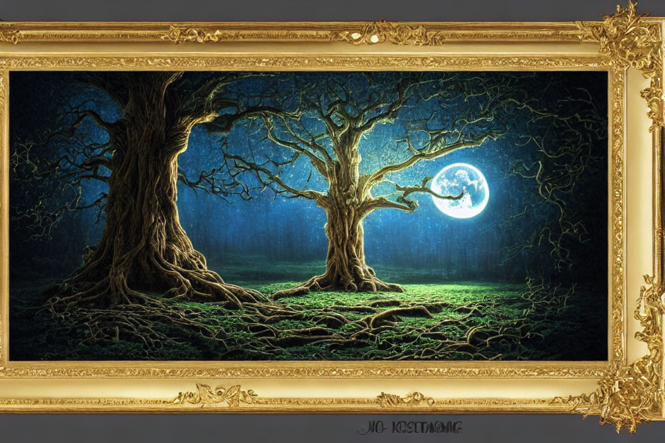 Intricate painting of gnarled trees under full moon in golden frame