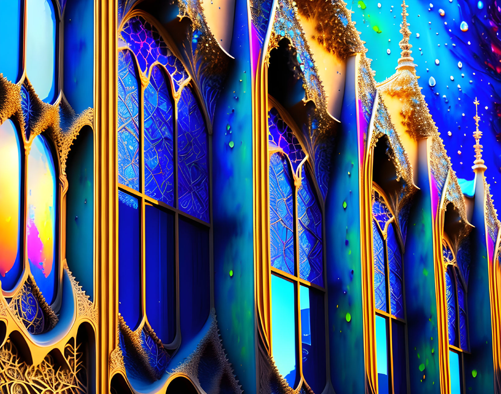 Vibrant fractal art of gothic architecture against cosmic backdrop