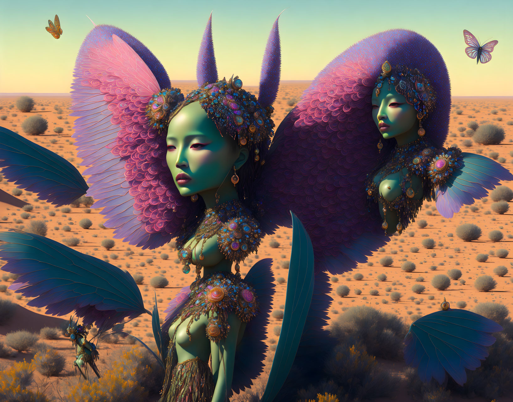 Colorful Butterfly-Winged Twin Creatures in Surreal Desert Landscape