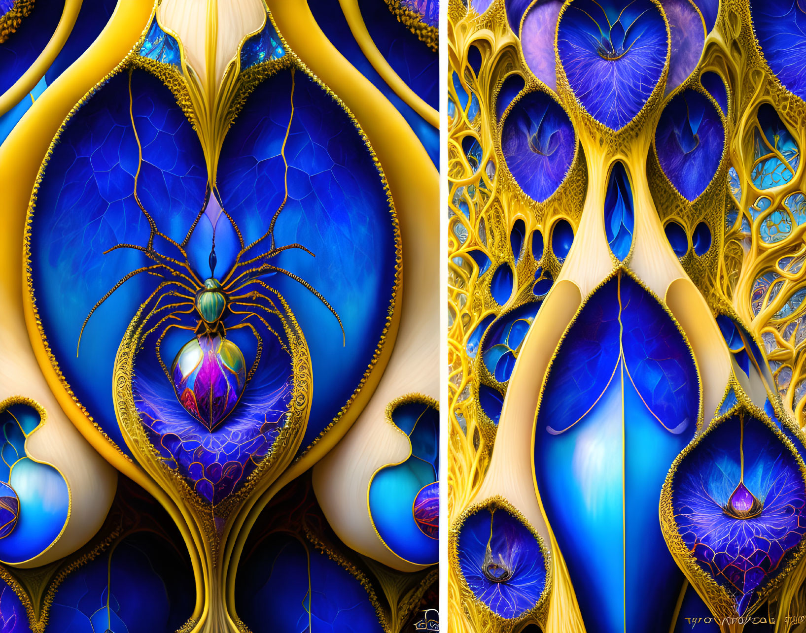 Intricate Royal Blue and Gold Fractal Spider Web Patterns