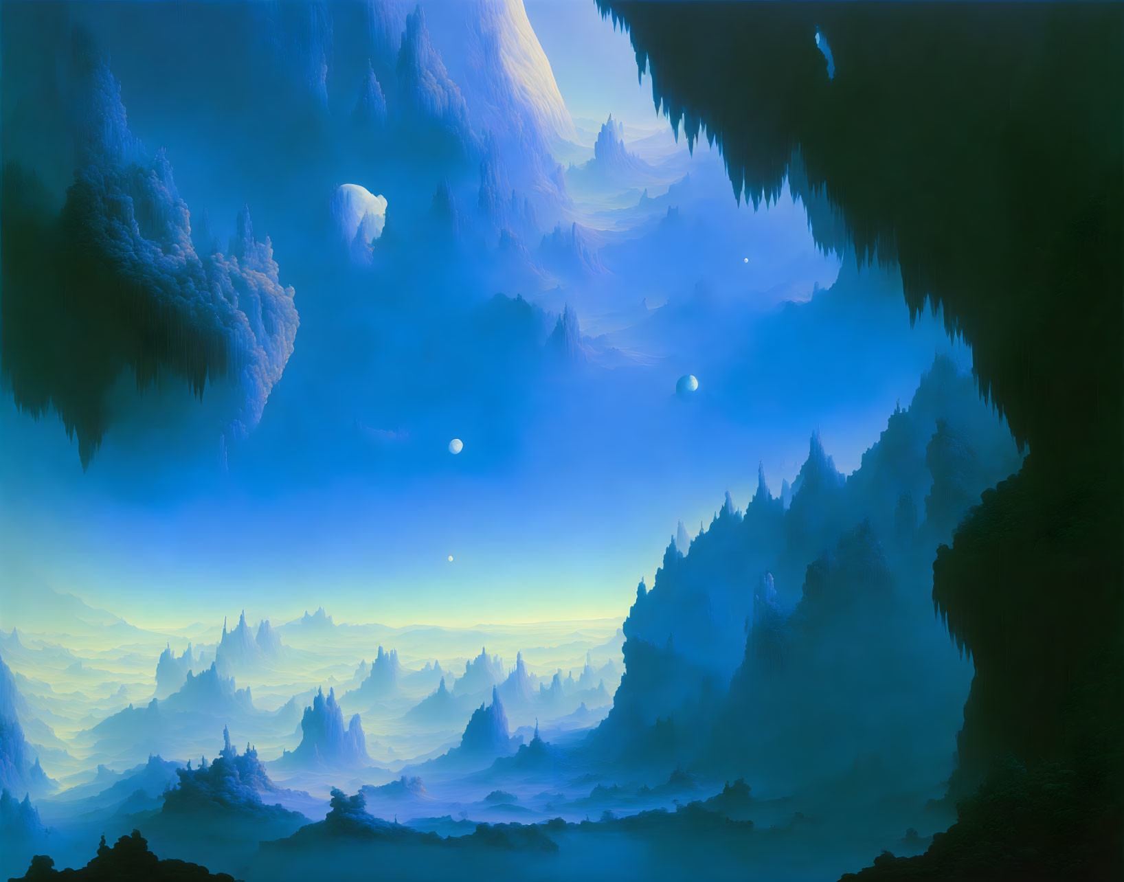 Surreal landscape with vibrant blue hues and floating islands