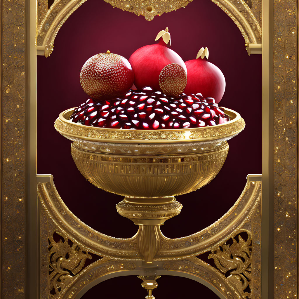 Luxurious Golden Bowl with Pomegranates and Seeds on Regal Purple and Gold Backdrop