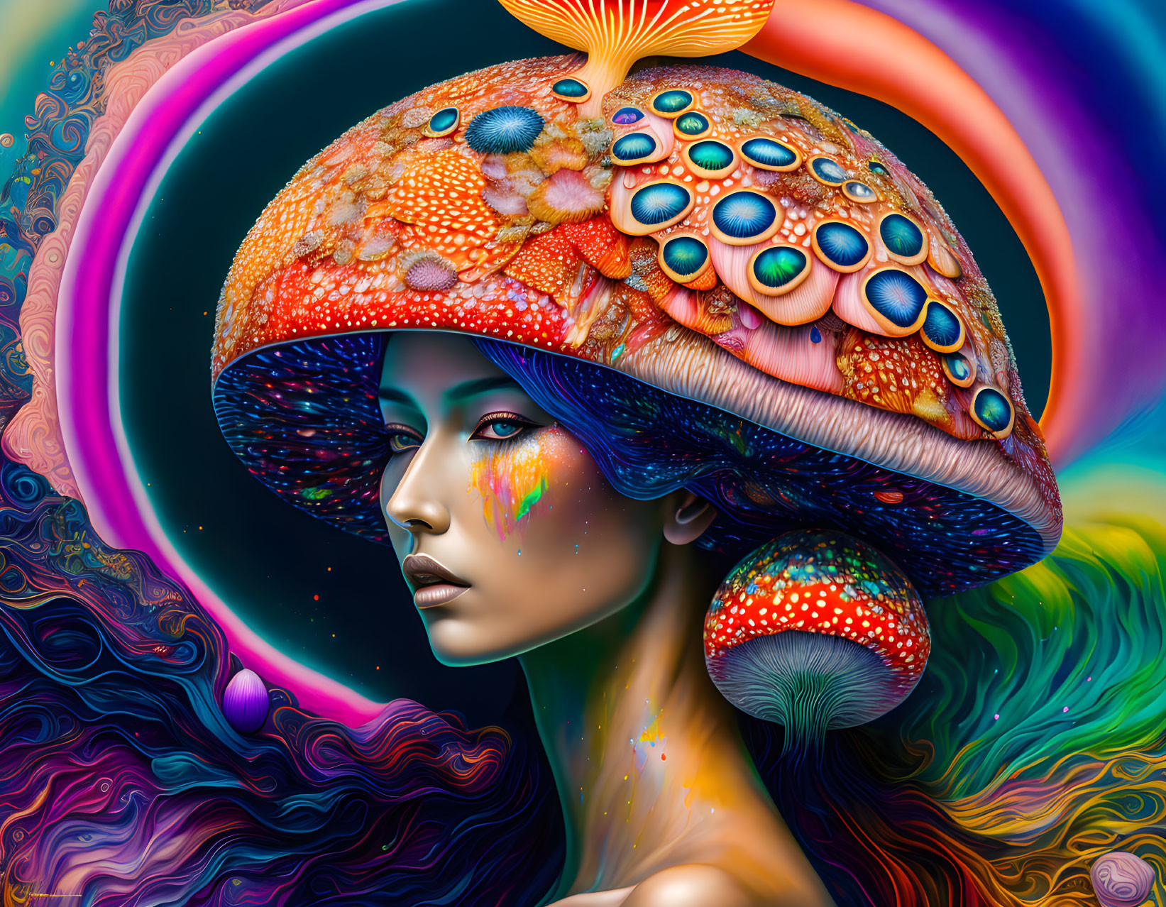 Colorful portrait of woman with psychedelic mushroom cap headwear against swirling neon backdrop