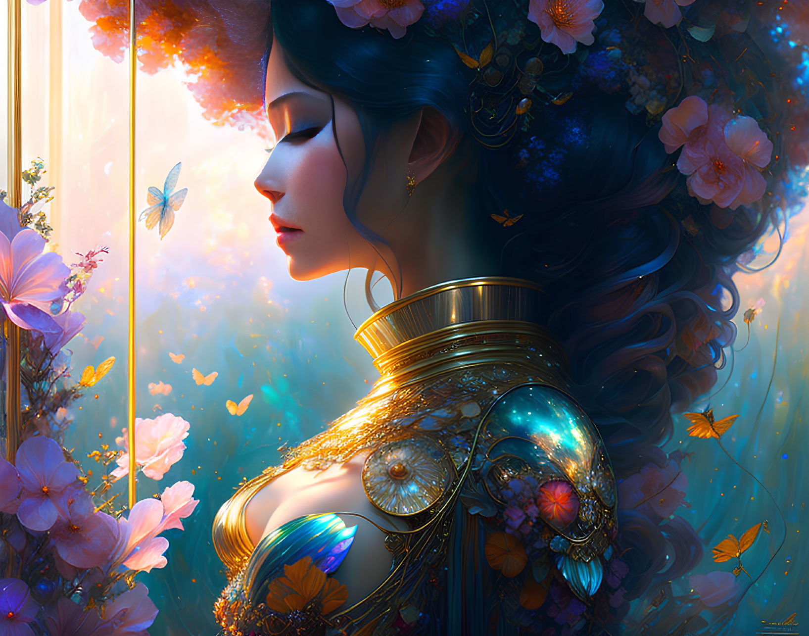 Fantasy image: Woman in ornate armor with floral details, vibrant colors, butterflies, ethereal