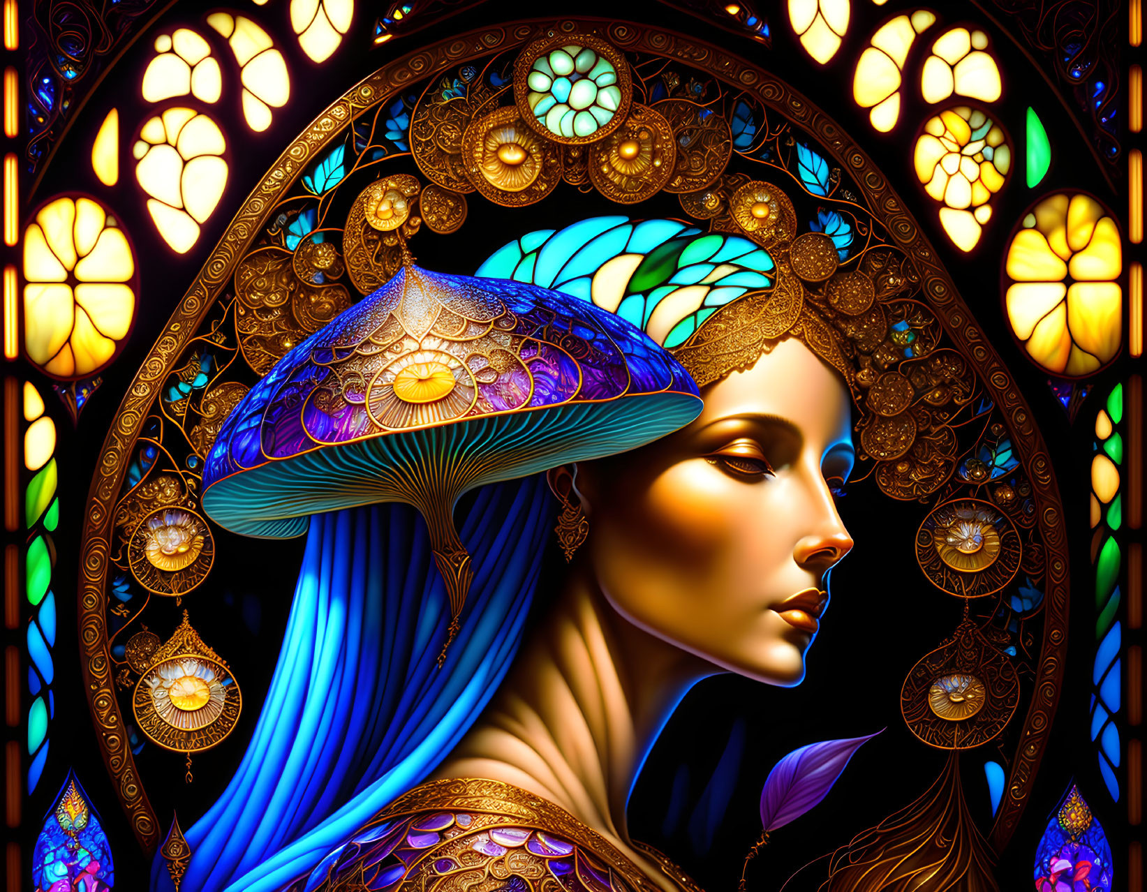 Colorful artwork: woman with blue hair and mushroom hat in Art Nouveau stained glass setting