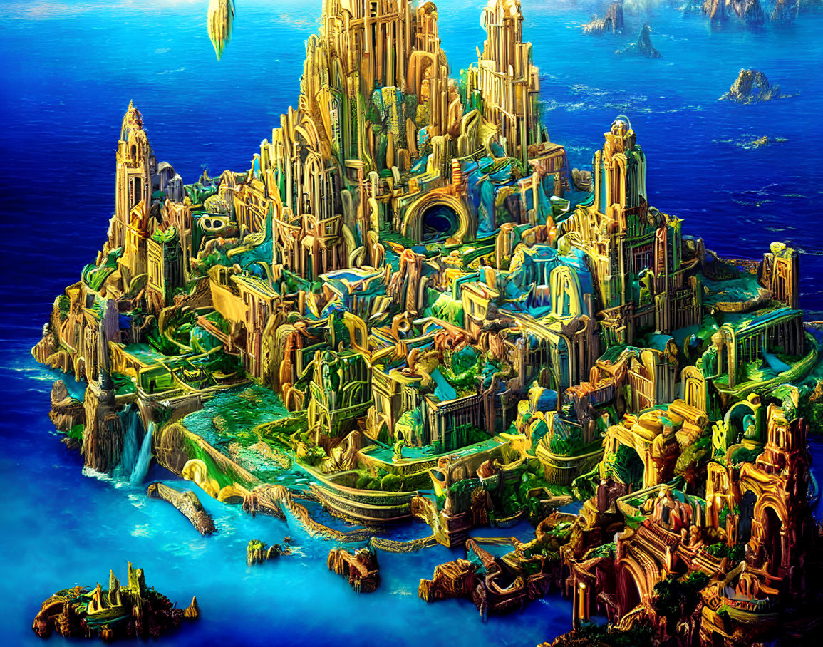 Fantastical cityscape with towering spires and waterfalls on an island.