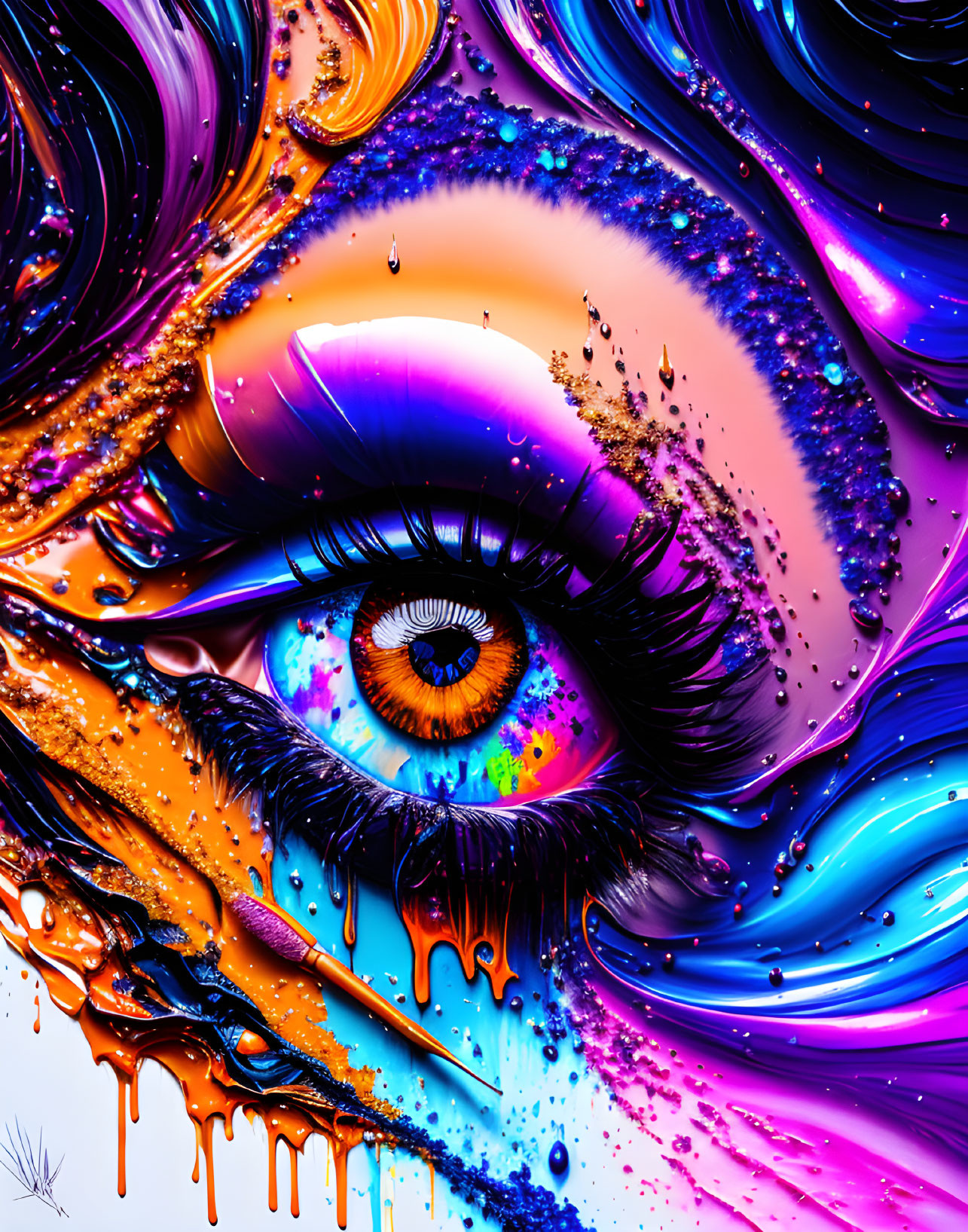 Colorful digital artwork: Eye with swirling, dripping patterns in blues, purples, and oranges